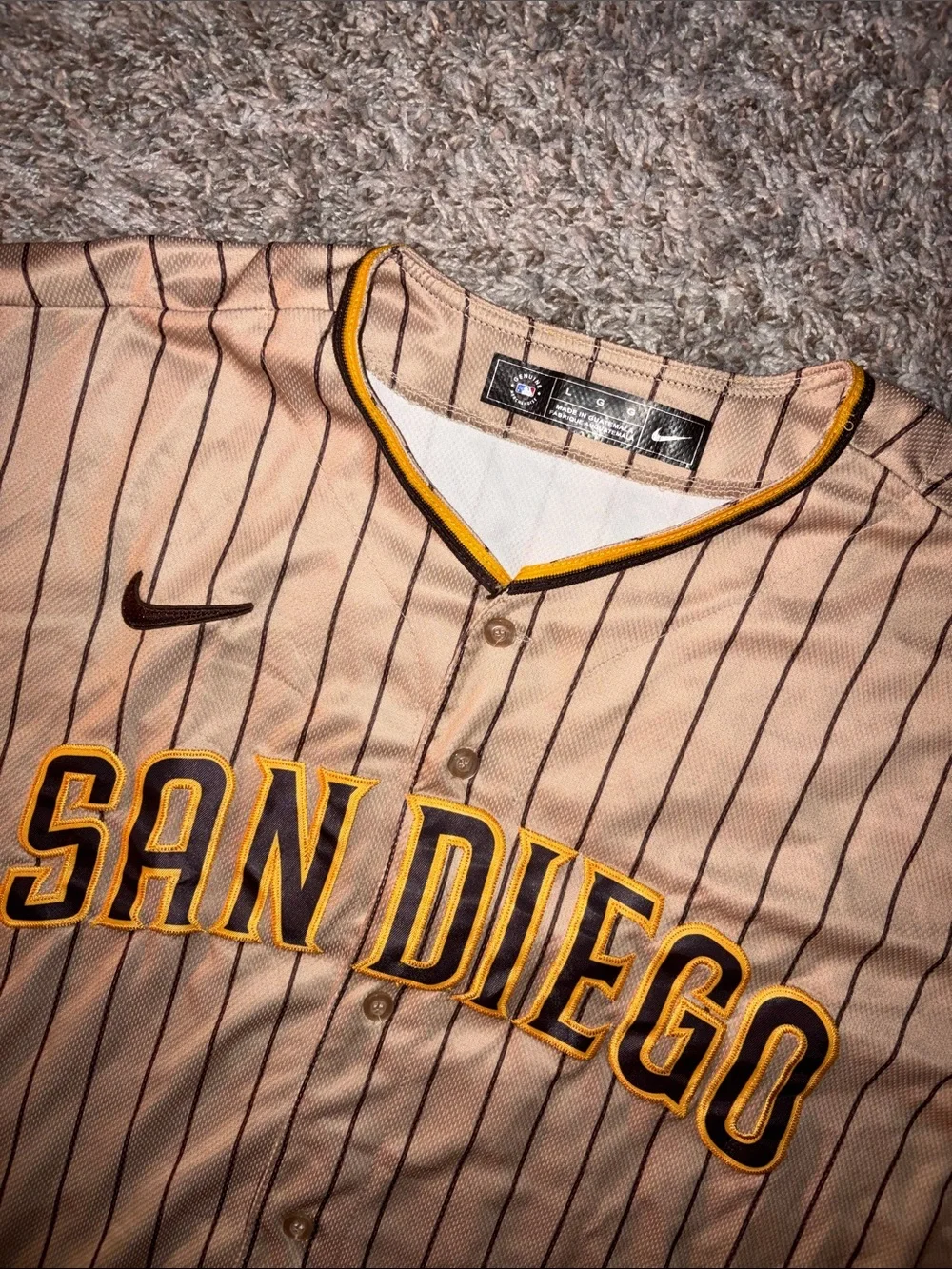 Nike San Diego Pinstripe Baseball Jersey - Tan with Black & Yellow Trim